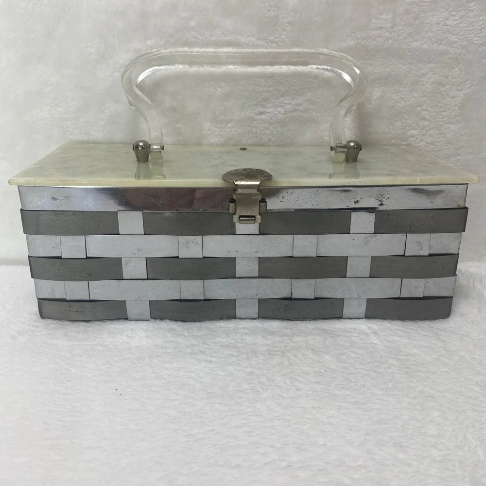 VTG Dorset Rex Lucite Basket Weave Metal Purse Silver White Bakelite Lid Handbag